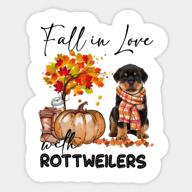 Fall In Love With Rottweilers Fall Pumpkin Thanksgiving Sticker by Red and Black Floral